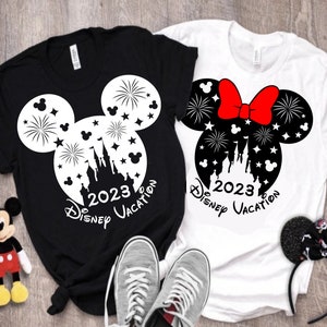 Vacation 2023 SVG, Mickey Mouse and Minnie Mouse head with castle and fireworks, SVG, Dxf, Eps and Png files included