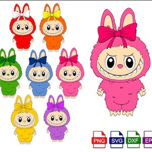 May include: A collection of colorful cartoon monster-bunny characters. Each character is a different color, including red, orange, green, blue, pink, yellow, and purple. They have large eyes, sharp teeth, and bunny ears with bows.