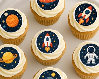 24 Edible Outer Space Cupcake Toppers – 1.5" Wafer Paper Party Decor