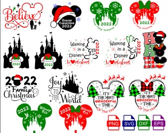 May include: A collection of 12 digital cut files featuring various Disney-themed Christmas designs. The designs include Mickey Mouse ears, castles, and text such as "Believe", "Joy to the World", and "It's the Most Wonderful Time of the Year".