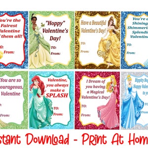 Princess Valentine&#39;s Day Cards - Printable - Instant Download Print at Home - Printable Valentine Cards for Kids