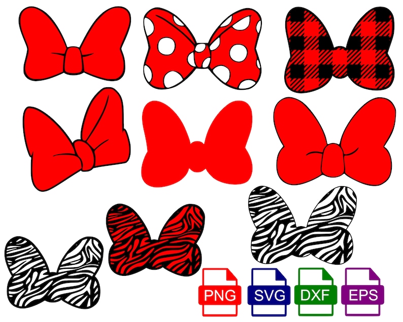 May include: Set of ten red bow designs in various patterns, including polka dots, plaid, and zebra print. The bows are in a variety of shapes and sizes. The designs are perfect for crafting projects, scrapbooking, and more.