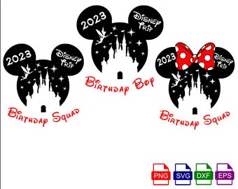 Birthday Boy SVG, Birthday Squad svg, Family Trip 2023 Svg, Mickey Mouse and Minnie Mouse head with castle fireworks, SVG, PNG, Eps and Dxf