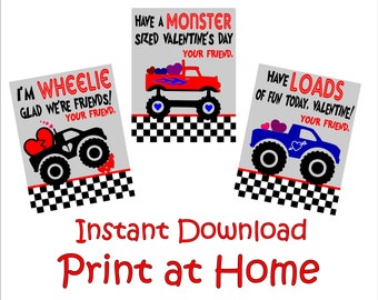 Monster Truck Valentine's Day Cards - Printable - Instant Download Print at Home - Printable Valentine Cards for Kids