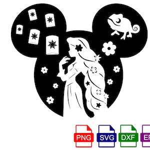 May include: Black and white silhouette of a Disney princess with long hair and a flowing dress, standing in a Mickey Mouse ear shape. The princess is surrounded by stars and flowers. A chameleon is in the top right corner of the ear shape.