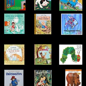 K&ouml;nnte beinhalten: Eine Sammlung von Kinderb&uuml;chern mit farbenfrohen Illustrationen. Zu den Titeln geh&ouml;ren "Goodnight Moon", "The Poky Little Puppy", "The Little Engine That Could", "Love You Forever", "The Tale of Peter Rabbit" und "The Rainbow Fish."