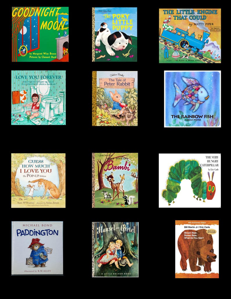 K&ouml;nnte beinhalten: Eine Sammlung von Kinderb&uuml;chern mit farbenfrohen Illustrationen. Zu den Titeln geh&ouml;ren "Goodnight Moon", "The Poky Little Puppy", "The Little Engine That Could", "Love You Forever", "The Tale of Peter Rabbit" und "The Rainbow Fish."