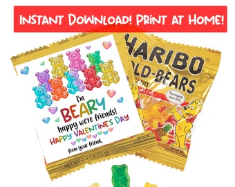 Gummy Bears Valentine's Day Cards - Printable - Instant Download Print at Home - Printable Valentine Cards for Kids