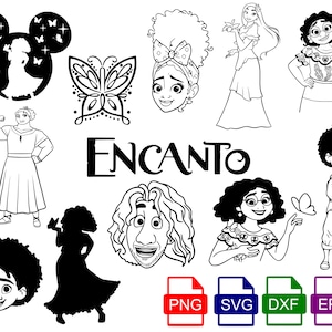 May include: Black and white line art illustrations of characters from the Disney film Encanto. The characters include Mirabel, Bruno, Alma, and others. The text "Encanto" is also included in the image.