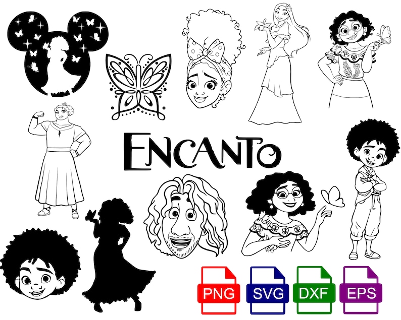 May include: Black and white line art illustrations of characters from the Disney film Encanto. The characters include Mirabel, Bruno, Alma, and others. The text "Encanto" is also included in the image.