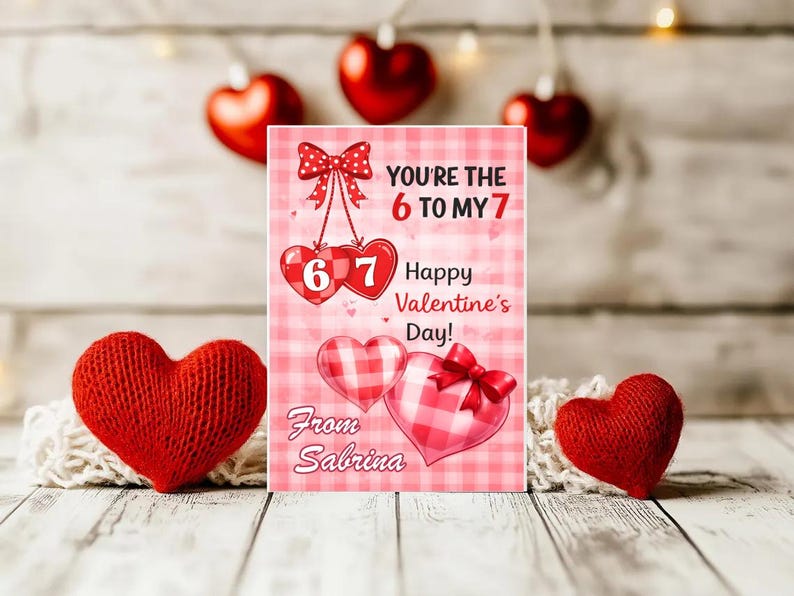 May include: A Valentine's Day card with the text "You're the 6 to my 7" and "Happy Valentine's Day!" is displayed. The card features red and pink hearts and a bow. Two knitted red hearts are on the sides.
