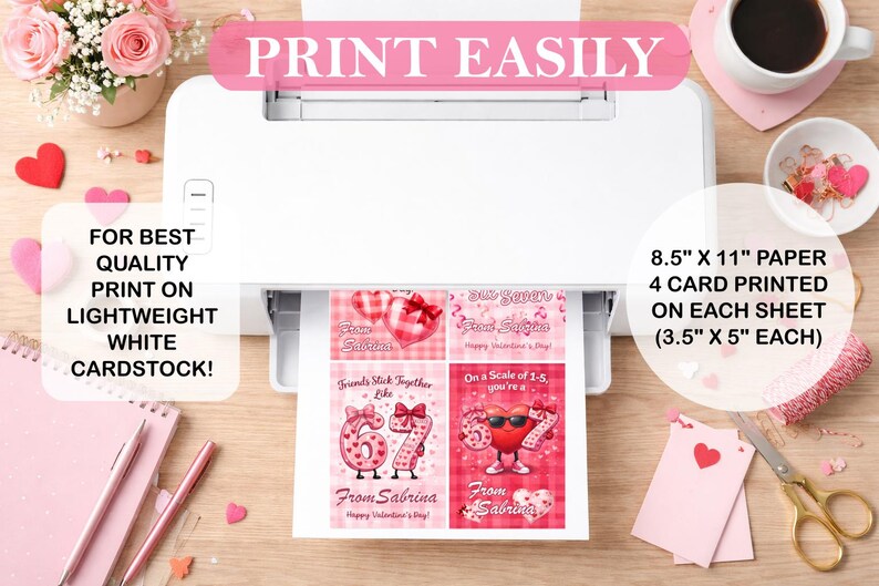 May include: A white printer printing Valentine's Day cards. The cards are printed on 8.5" x 11" paper, with four 3.5" x 5" cards per sheet. The cards feature hearts and the text "From Sabrina".