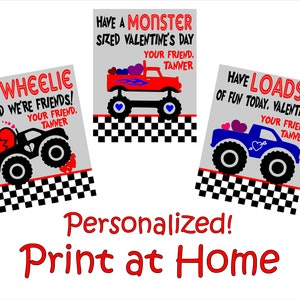 Cartes de Saint-Valentin personnalisées Monster Truck - Imprimables - Imprimez à la maison - Cartes de Saint-Valentin imprimables pour enfants