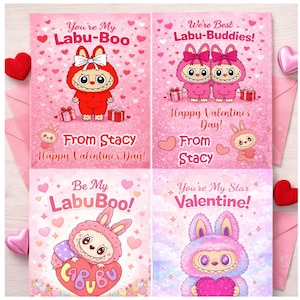 May include: Four Valentine's Day cards with Labu-Boo characters. The cards feature pink backgrounds, hearts, and text like "You're My Labu-Boo" and "Happy Valentine's Day!" Each card has a different Labu-Boo design.