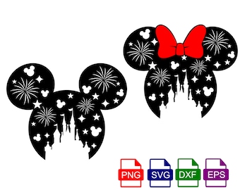 家族旅行の SVG、城と花火のあるミッキーマウスとミニーマウスの頭、SVG、Dxf、Eps、Png ファイルが含まれています