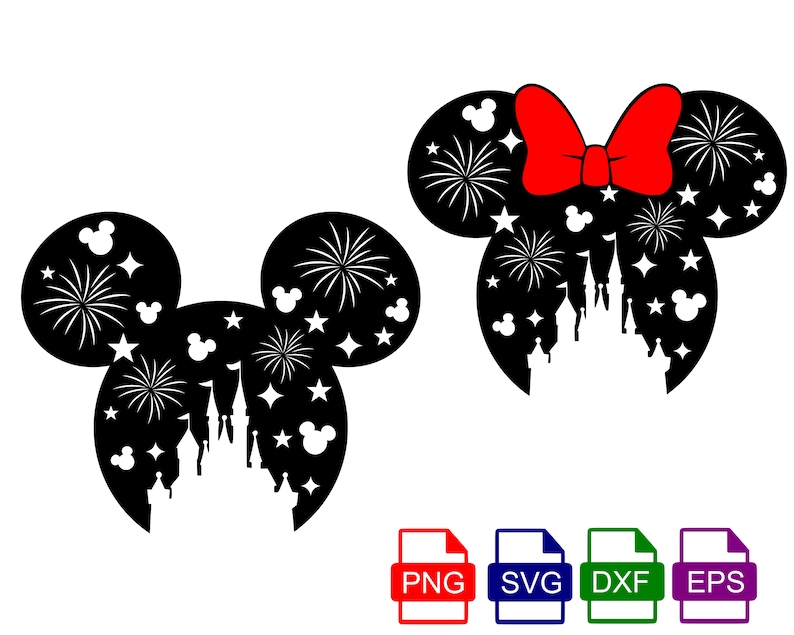 Pode incluir: Silhueta preta e branca do Mickey Mouse e da Minnie Mouse com fogos de artif&iacute;cio e um castelo ao fundo. A imagem &eacute; para download digital de um arquivo de corte.