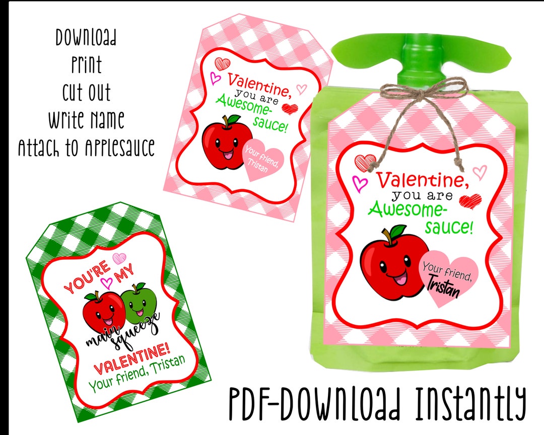Applesauce Pouch Valentine s Day Tag Label Printable Instant Download Print At Home Printable