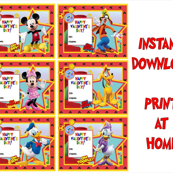 Mickey Mouse Clubhouse Valentine's Day Cards - Printable - Instant Download Print at Home - Printable Valentine Cards for Kids