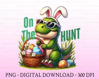Easter T-Rex Dinosaur PNG, Retro Cute Dinosaur Easter Clipart, Funny Bunny Ears PNG, Sublimation Design for Boys & Girls Shirts