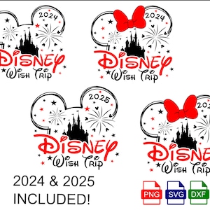 Wish Trip 2025 svg, Family Trip 2025, Mickey und Minnie Kopf mit Schloss und Feuerwerk, SVG, PNG, Eps und Dxf Dateien enthalten