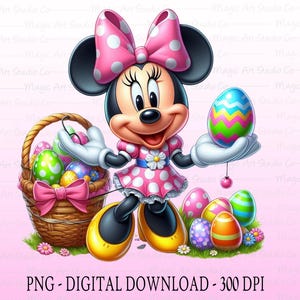 May include: A cartoon illustration of Minnie Mouse holding a colorful Easter egg. She is wearing a pink and white polka dot dress and a pink bow. She is standing next to a basket filled with Easter eggs.