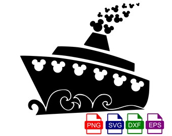 May include: Black and white silhouette of a cruise ship with Mickey Mouse ears on the side and Mickey Mouse ears in the smoke coming from the chimney.