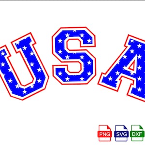 Puede incluir: USA en rojo y azul con estrellas blancas. Las letras están en una fuente en negrita y de bloque.