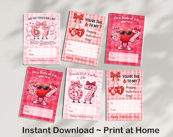 Meisjes 67 Valentijnsdagkaarten, afdrukbare Six Seven Valentine-kaarten voor kinderen, Coquette Classroom Gen Z Alpha Slang, 6 7 Valentijnsdag