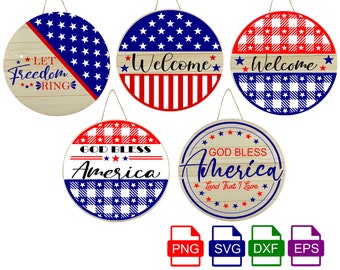 Patriotic Welcome round sign, Patriotic door hanger svg, July 4th door decor SVG, Stars and Stripes SVG, Independence Day porch sign svg