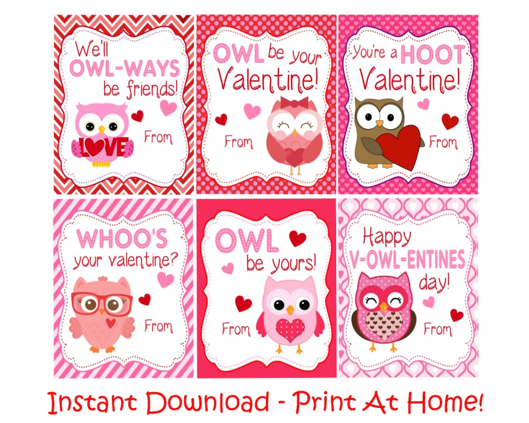 Owl Valentine's Day Cards - Printable - Instant Download Print at Home ...
