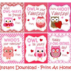Owl Valentine&#39;s Day Cards - Printable - Instant Download Print at Home - Printable Valentine Cards for Kids