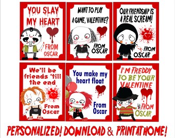 Customized Horror Characters Valentine's Day Cards - Printable - Print at Home - Printable Valentine Cards for Kids
