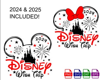 Wish Trip 2024 svg, Family Trip 2024, Mickey and Minnie head with castle and fireworks, SVG, PNG, Eps and Dxf files included