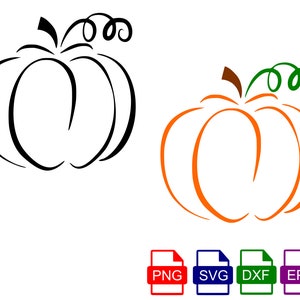 May include: Two outline drawings of pumpkins. The first pumpkin is black and the second pumpkin is orange. Both pumpkins have a stem with a curly vine.