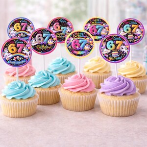 May include: Cupcakes with vibrant frosting, each adorned with a circular topper. The toppers display the number 67, unicorns, and birthday messages. Frosting colours include blue, pink, yellow, and purple. The cupcakes are a sweet treat for a birthday celebration.