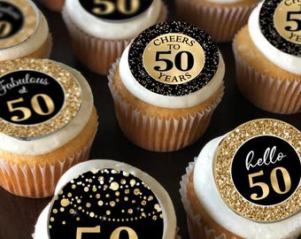 24 Edible 50th Birthday Cupcake Toppers – Black and Gold 50th Birthday Decorations Faux Glitter Printed– Wafer Paper Cupcake Toppers