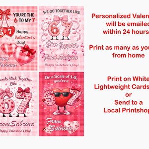 May include: Valentine's Day cards with pink and red heart designs. The cards feature phrases like "You're the 6 to my 7" and "We go together like 67." The cards are personalized and signed "From Sabrina."