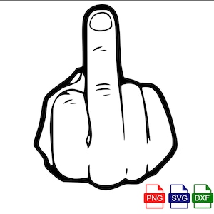 May include: A black and white illustration of a hand giving the middle finger. The image is a vector graphic, with file format icons for PNG, SVG, DXF, and EPS in the bottom right corner.