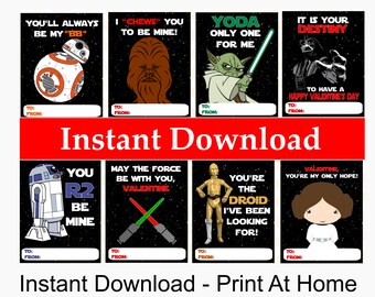 Star Wars Valentine's Day Cards - Printable - Instant Download Print at Home - Printable Valentine Cards for Kids