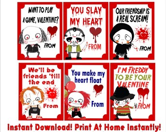 Horror Characters Valentine's Day Cards - Printable - Instant Download Print at Home - Printable Valentine Cards for Kids