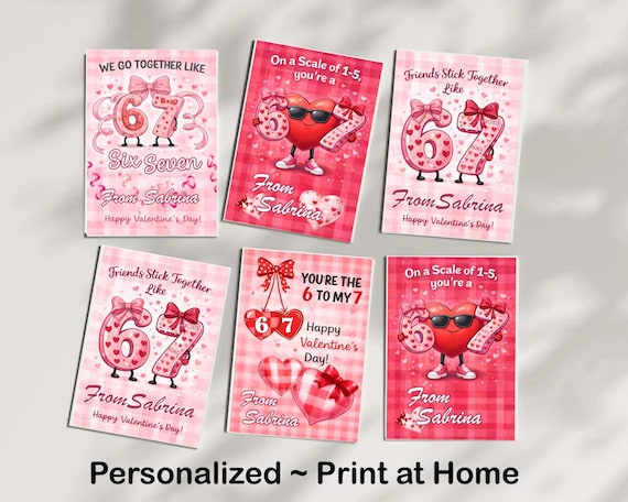 Custom Girls 6 7 Valentine's Day Cards - Printable - Print at Home - Printable Valentine Cards for Kids