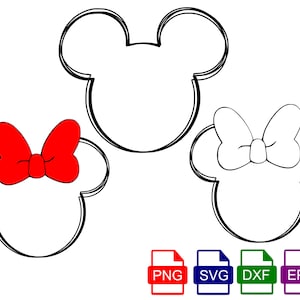 Mickey Mouse en Minnie Mouse hoofd, Mickey Head Scribble, Minnie Scribble SVG, PNG, Eps en Png-bestanden inbegrepen, Instant download