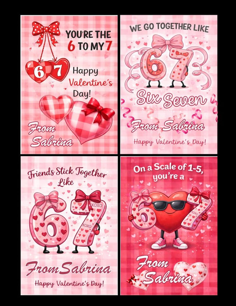 May include: Four Valentine's Day cards with pink and red designs. Each card features the numbers 6 and 7, hearts, and the phrase "Happy Valentine's Day!" Text includes "From Sabrina" and various romantic phrases.