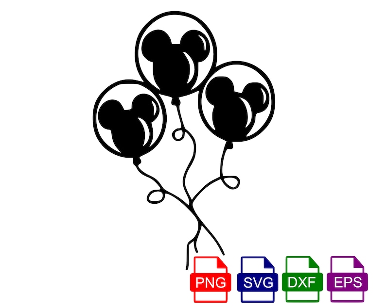 May include: Three black and white balloons with Mickey Mouse ears. The balloons are tied together and are floating in the air.