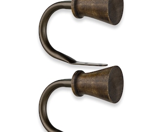 May include: Two brown wooden finials with a metal hook, each with a dark brown finish.