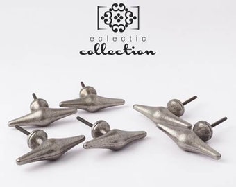 May include: Five silver-toned metal cabinet knobs with a diamond-shaped design. The knobs have a rustic, vintage look.