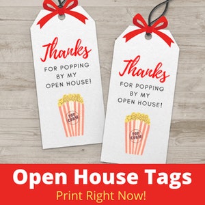 Thanks for Popping By Open House Popcorn Tag – Realtor Printable Gift Tag – Real Estate Marketing – Instant Download – Not Editable