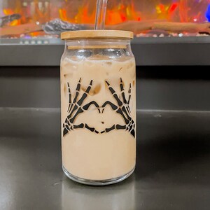 Skeleton Love Glass, Halloween Iced Coffee Glass, Spooky Season Beer Glass Can, Iced Coffee Glass Cup, Fall Glass Cup, Skeleton Glass Cup