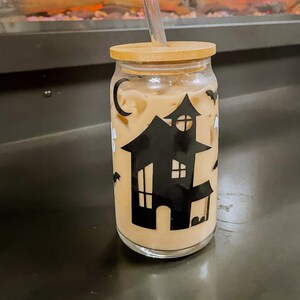 The Spooky House Glass Cup, Halloween Iced Coffee Glass, Spooky Season Beer Glass Can, Iced Coffee Glass Cup, Fall Glass Cup, Haunted House