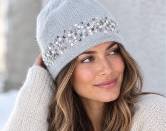 CASHMERE ANGORA Hand Knitted Sky Blue Color BEANIE with Sequins